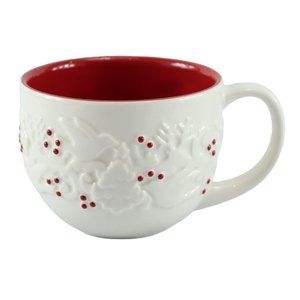 🎄Starbucks 2008 Christmas Red White Holly, Dove, & Reindeer 12 oz Coffee Cup